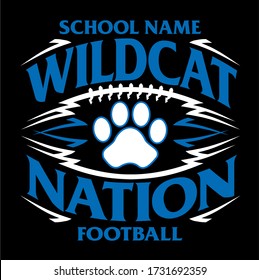 wildcat nation football team design with paw print inside ball for school, college or league