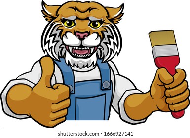 A wildcat painter decorator cartoon animal mascot holding a paintbrush peeking around a sign and giving a thumbs up