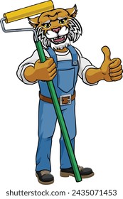 A wildcat painter decorator handyman cartoon construction man mascot character holding a paint roller tool