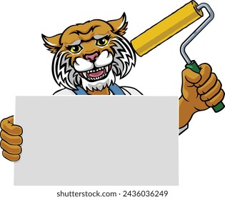 A wildcat painter decorator handyman cartoon construction man mascot character holding a paint roller tool