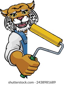 A wildcat painter decorator handyman cartoon construction man mascot character holding a paint roller tool