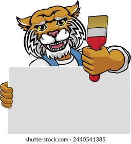 A wildcat painter decorator handyman cartoon construction man mascot character holding a paint brush tool