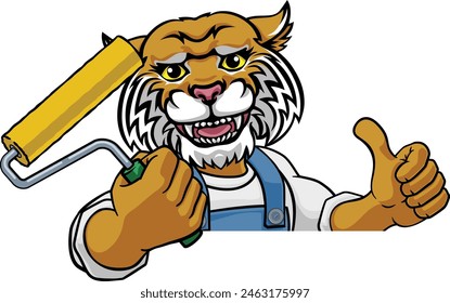 A wildcat painter decorator handyman cartoon construction man mascot character holding a paint roller tool