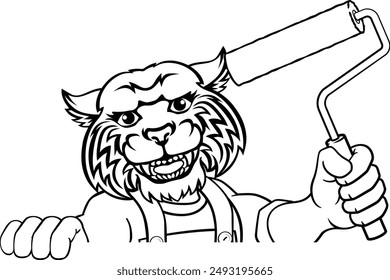 A wildcat painter decorator handyman cartoon construction man mascot character holding a paint roller tool