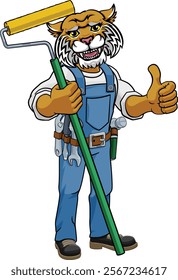 A wildcat painter decorator handyman cartoon construction man mascot character holding a paint roller tool