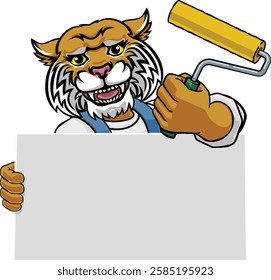 A wildcat painter decorator handyman cartoon construction man mascot character holding a paint roller tool