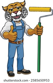 A wildcat painter decorator handyman cartoon construction man mascot character holding a paint roller tool