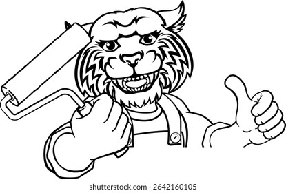 A wildcat painter decorator handyman cartoon construction man mascot character holding a paint roller tool