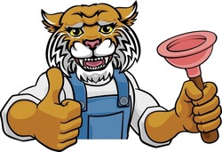 A Wildcat Plumber Cartoon Mascot Holding A Toilet Or Sink Plunger Peeking Round A Sign Giving A Thumbs Up