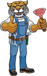 A Wildcat Plumber Cartoon Mascot Holding A Toilet Or Sink Plunger Giving A Thumbs Up