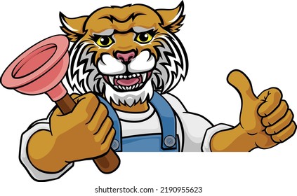A wildcat plumber cartoon mascot holding a toilet or sink plunger peeking round a sign giving a thumbs up