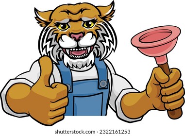 A wildcat plumber cartoon mascot holding a toilet or sink plunger peeking round a sign giving a thumbs up