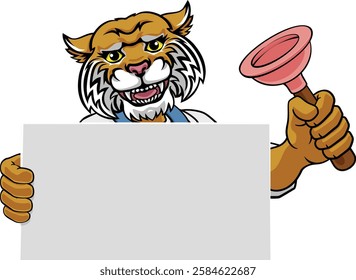 A wildcat plumber handyman plumbing construction cartoon mascot man holding a drain plunger tool.