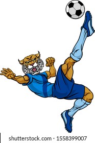 A wildcat soccer football player cartoon animal sports mascot kicking the ball