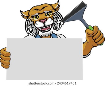 A wildcat window cleaner or car wash cleaning cartoon mascot man holding a squeegee washing tool