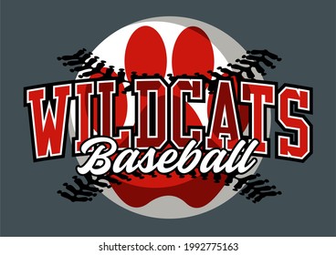 wildcats baseball team design with stitches and paw print for school, college or league
