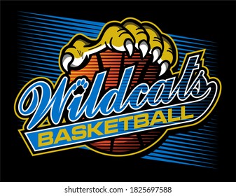 wildcats basketball team design in script with large claw holding ball for school, college or league