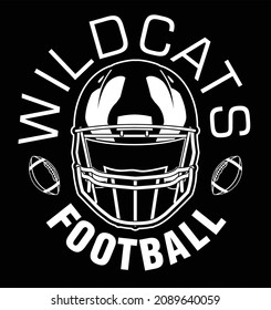 Wildcats Football One Color - White is a team design template that includes text, two footballs and a football helmet. Great for Wildcats t-shirts, mugs, advertising and promotion for teams or schools