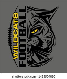 wildcats football team design with half mascot and laces for school, college or league