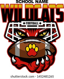 wildcats football team design with mascot, facemask and ball for school, college or league