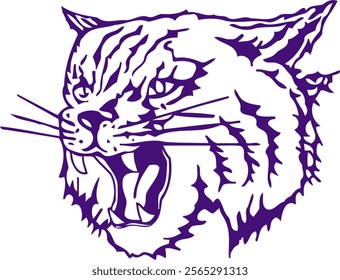 wildcat's head in purple, with an open mouth showing its teeth and a fierce expression. The design is intricate, with detailed lines and shading emphasizing the wildcat's fur and features, making it.