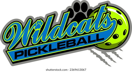 wildcats pickleball team design in script with ball for school, college or league sports