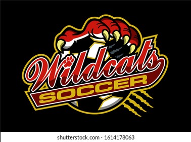 wildcats soccer team design in script with claw holding ball for school, college or league