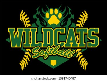 wildcats softball team design with flaming paw print for school, college or league
