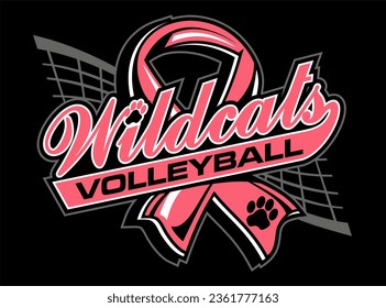 wildcats volleyball team design with pink cancer ribbon for school, college or league sports