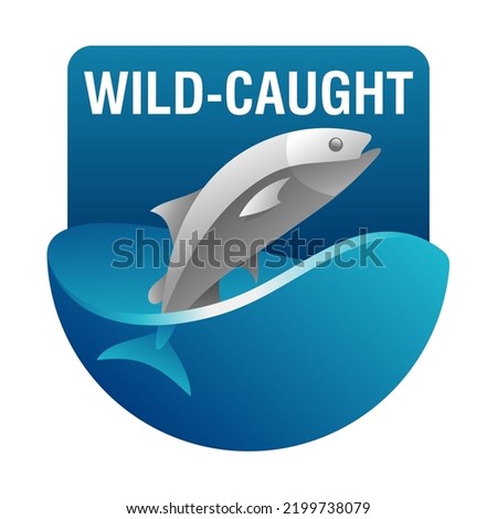 Wild-caught 3D badge for fish and seafood labeling. Salmon in ocean. Vector icon