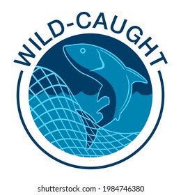 Wild-caught badge for fish and seafood labeling. Salmon in fishing net. Vector illustration