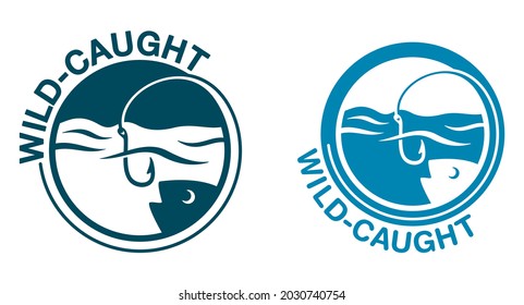 Wild-caught badge for salmon or other fish labeling. Fish catching with hook. Vector illustration