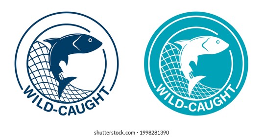 Wild-caught flat badge for fish and seafood labeling - with Salmon in fishing net. Vector illustration