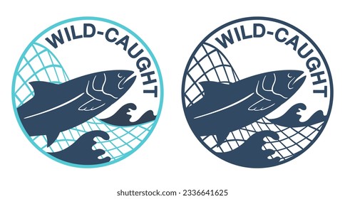Wild-caught flat badge for fish and seafood labeling - Salmon in fishing net. Vector illustration