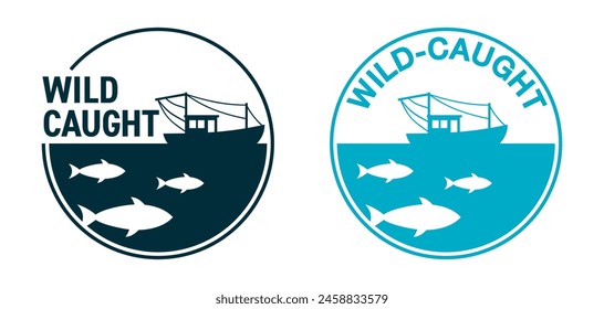 Wild-caught flat badge for fish and seafood labeling - with fishing vessel