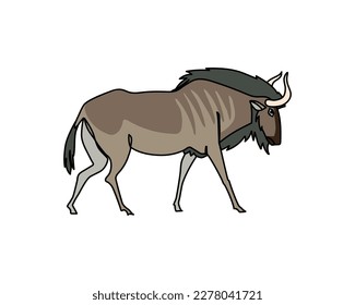 Wildebeest. African antelope. Color vector illustration with black contour lines isolated on a white background in a cartoon and flat design.