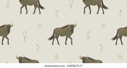 Wildebeest, antelope seamless pattern design. Simple vector background. Exotic animal illustration.