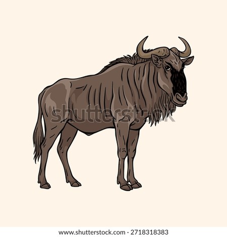 Wildebeest or Gnu Standing Vector Illustration, African Safari Animal Icon Isolated on Plain Background