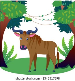 wildebeest in the jungle, vines vector illustration