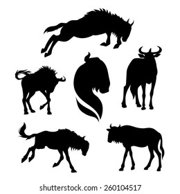 Wildebeest set of silhouettes vector