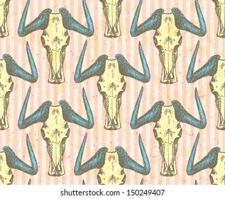 Wildebeest skull, vector seamless pattern