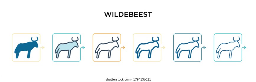 Wildebeest vector icon in 6 different modern styles. Black, two colored wildebeest icons designed in filled, outline, line and stroke style. Vector illustration can be used for web, mobile, ui