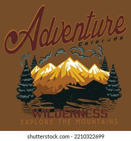 WILDERNES, COLORADO, ADVENTUR, EXPOLRE LAS MONTAÑAS, ilustración de montaña, aventura al aire libre. Gráfica vectorial para camisetas y otros usos.