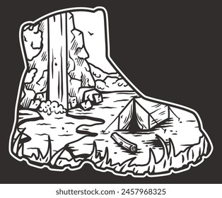 Wilderness adventure line art illustration featuring camping, hiking, and outdoor activities in a tranquil natural setting with black and white scenic landscapes and wildlife.