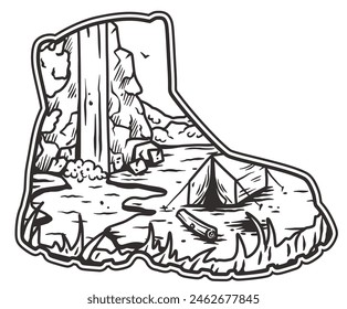 Wilderness adventure line art illustration featuring camping, hiking, and outdoor activities in a tranquil natural setting with black and white scenic landscapes and wildlife.