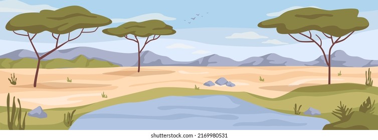 Silvicultura en África, paisaje de sabanas africanas con árboles, área de protección ecológica. Campo árido de reserva natural de parque de vida silvestre. Dibujo plano, ilustración vectorial