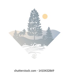 Wilderness area with coniferous trees, fox and mountains in the distance. Vector illustration on white background