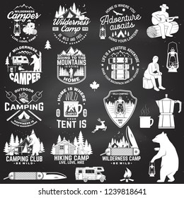 Wilderness camp. Be wild and free. Vector. Concept for badge, shirt or logo, print, stamp, patch or tee Vintage typography design with trailer, tent, campfire, bear, pocket knife and forest silhouette