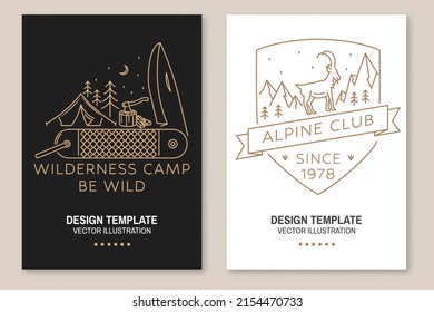 Wilderness Camper. Be Wild. Alpine Club. Vector. Set Of Line Art Flyer, Brochure, Banner, Poster With Bear With Pocket Knife, Camping Tent, Rock Climbing Goat, Mountain, Forest Silhouette.