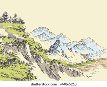 Wilderness drawing. Mountains design